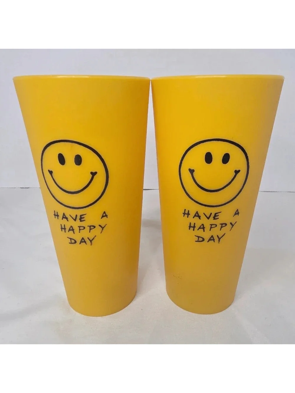 Vintage Have A Happy Day Smiley Face Plastic Tumblers Set of 2 Retro 1970s Rare